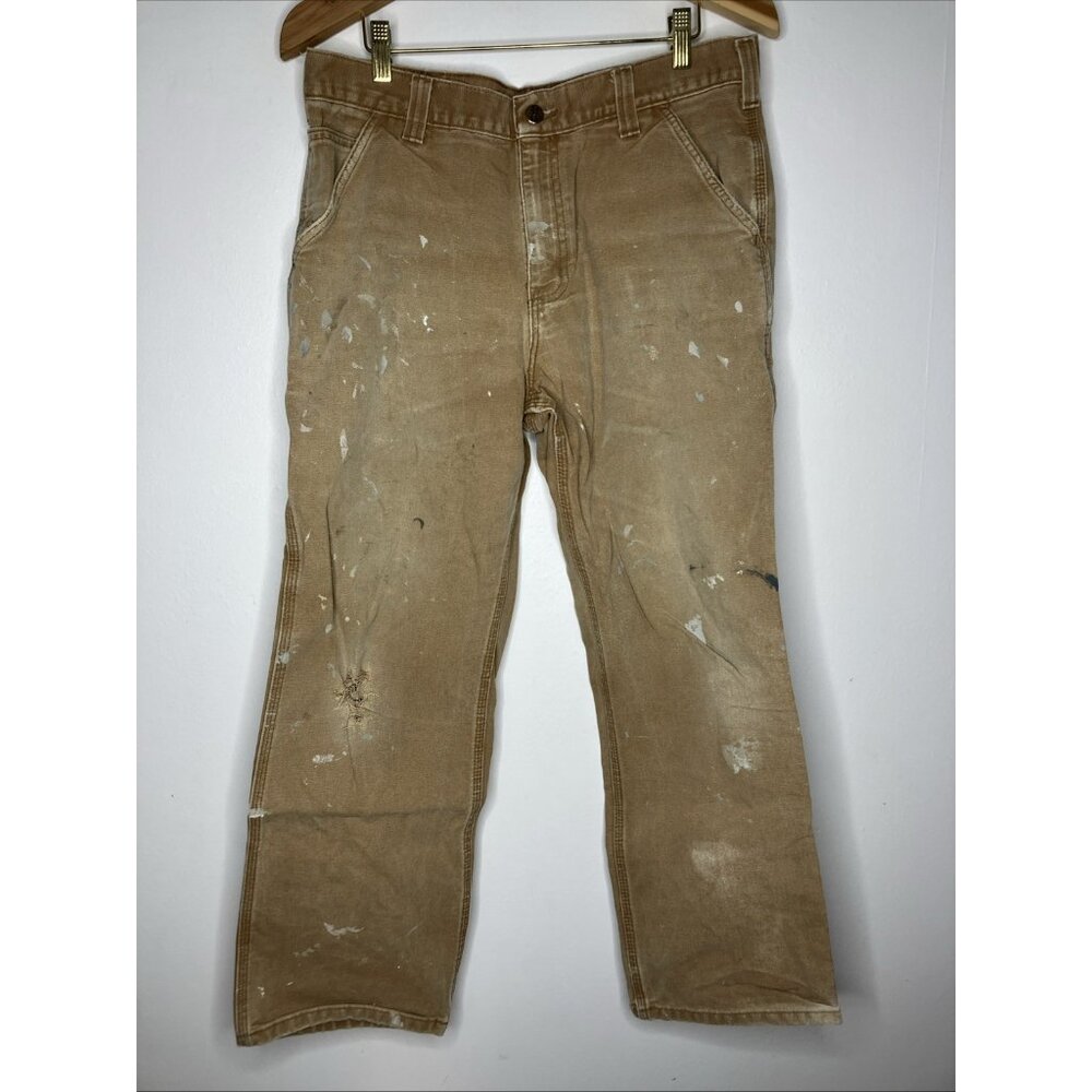 Carhartt 33x30 Canvas Pants Beige Thrashed Holes Paint Stains